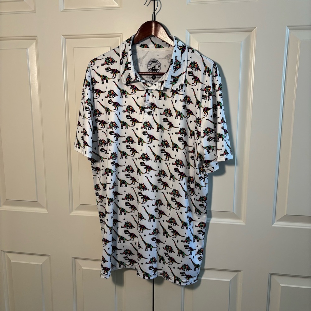 White XL Dinosaur Print Men's Polo Shirt